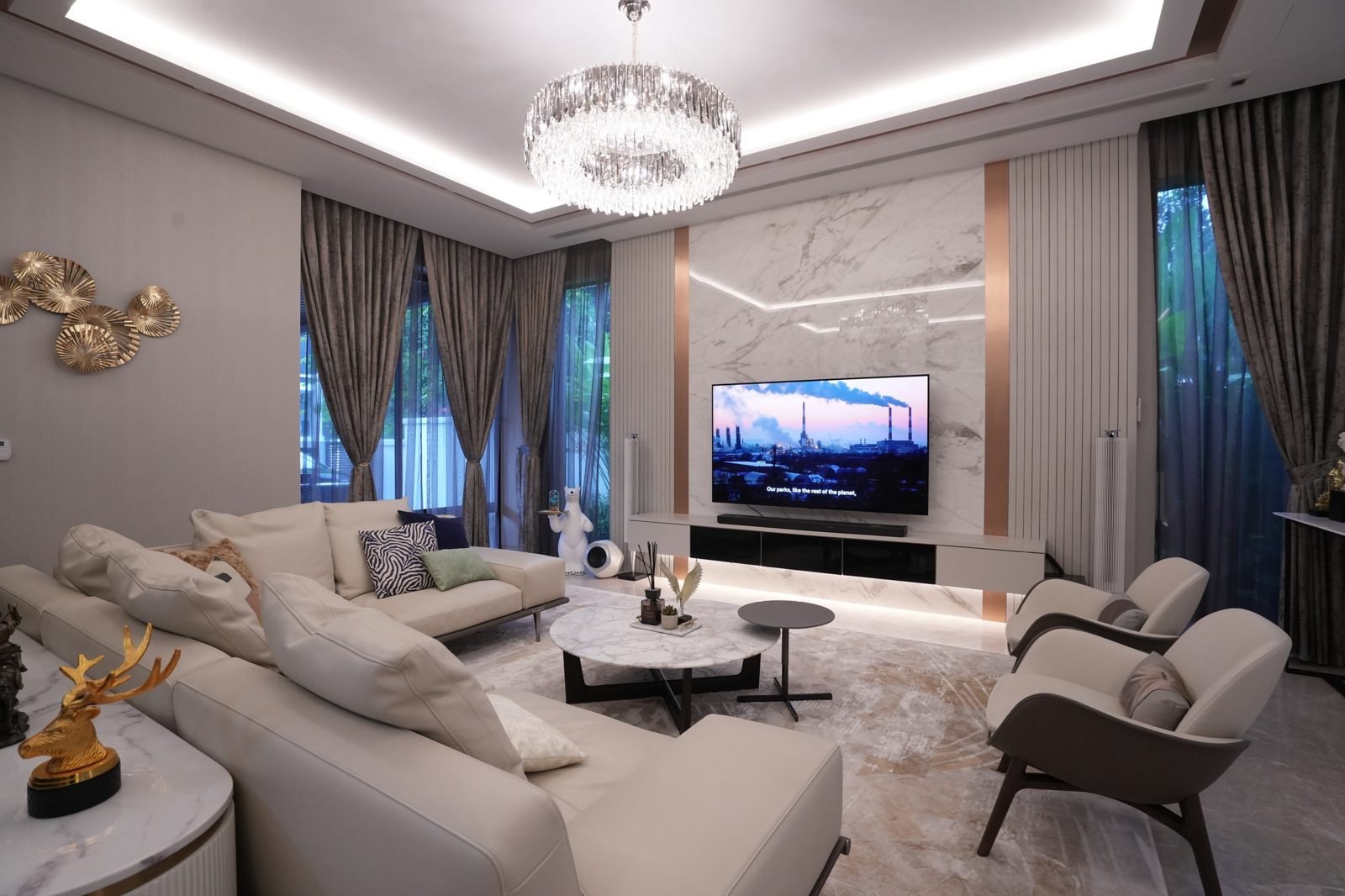 Marble living room at dusk · Interiors Marble living room at dusk